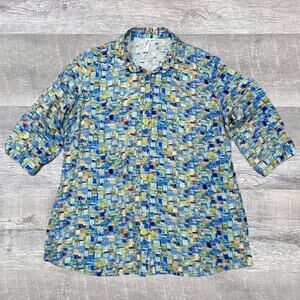 Ethyl The Paulina Blessed Button Up Top Women L Soft 3/4 Sleeve Geo Blue Blouse
